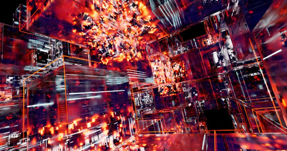 Abstract digital artwork featuring futuristic cubes s neonskim svjetlima