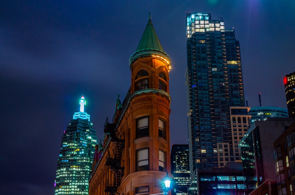 Stunning view of Toronto's iconic Gooderham Building illuminated at night