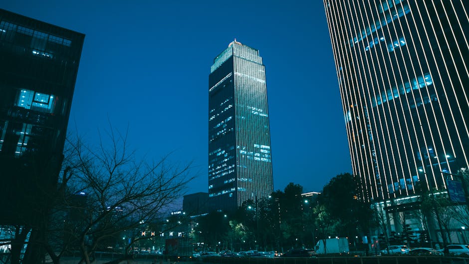 Majestic skyscrapers in Hangzhou, China, illuminate the twilight skyline